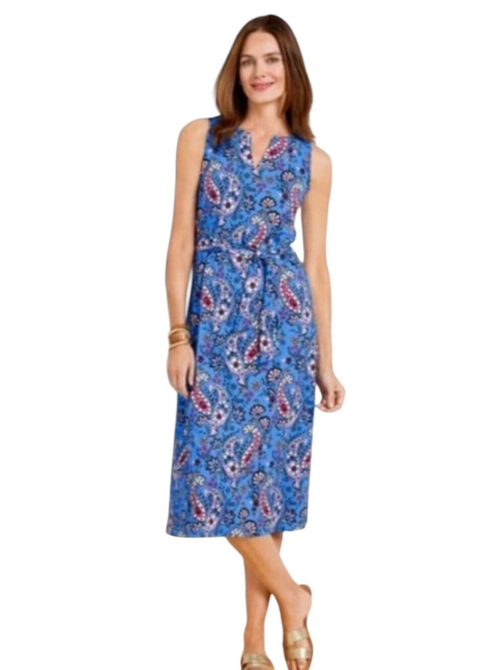 Talbots Blue Paisley Sleeveless Tie-Waist Midi Dress